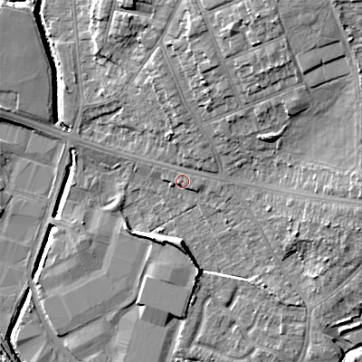 Shaded relief map of the ground around WS14DW, computed from Environment Agency LiDAR. The ground here sits at about 115 m above sea level and falls 17 m across the surrounding 800 m. Surface water reaching this point runs off ground lying to the north-east, 12.6 m higher.