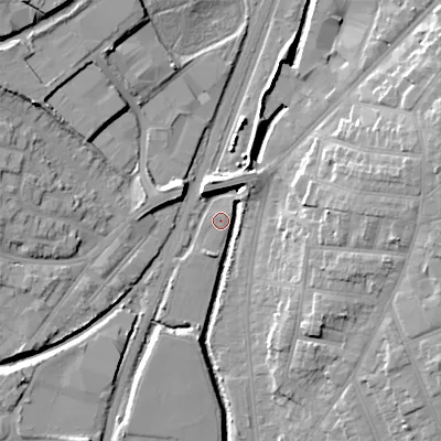 Shaded relief map of the ground around WS14JG, computed from Environment Agency LiDAR. The ground here sits at about 116 m above sea level and falls 19 m across the surrounding 800 m. Surface water reaching this point runs off ground lying to the north-east, 0.9 m higher.