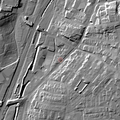 Shaded relief map of the ground around WS14JH, computed from Environment Agency LiDAR. The ground here sits at about 120 m above sea level and falls 29 m across the surrounding 800 m. Surface water reaching this point runs off ground lying to the east-north-east, 21.3 m higher.