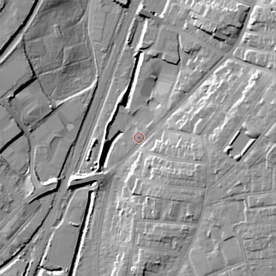 Shaded relief map of the ground around WS14JJ, computed from Environment Agency LiDAR. The ground here sits at about 117 m above sea level and falls 20 m across the surrounding 800 m. Surface water reaching this point runs off ground lying to the north-east, 15.7 m higher.