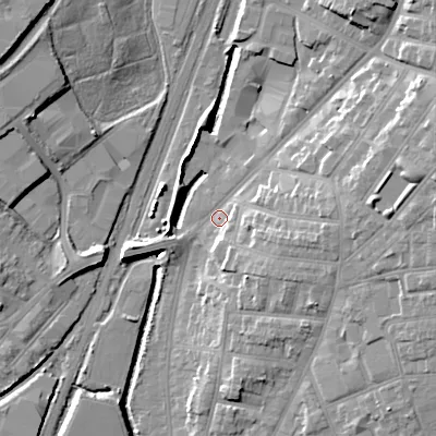 Shaded relief map of the ground around WS14JQ, computed from Environment Agency LiDAR. The ground here sits at about 116 m above sea level and falls 19 m across the surrounding 800 m. Surface water reaching this point runs off ground lying to the east-north-east, 17.9 m higher.