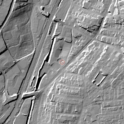 Shaded relief map of the ground around WS14JW, computed from Environment Agency LiDAR. The ground here sits at about 117 m above sea level and falls 25 m across the surrounding 800 m. Surface water reaching this point runs off ground lying to the north-east, 6.6 m higher.