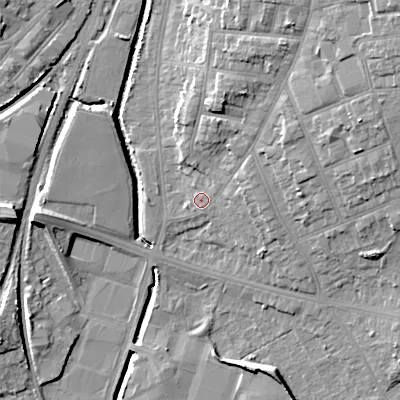 Shaded relief map of the ground around WS14LR, computed from Environment Agency LiDAR. The ground here sits at about 116 m above sea level and falls 18 m across the surrounding 800 m. Surface water reaching this point runs off ground lying to the north-east, 12.5 m higher.