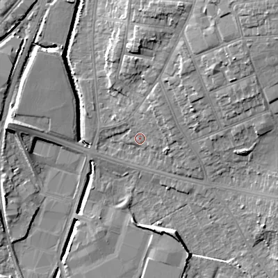 Shaded relief map of the ground around WS14LT, computed from Environment Agency LiDAR. The ground here sits at about 115 m above sea level and falls 18 m across the surrounding 800 m. Surface water reaching this point runs off ground lying to the north-east, 12.5 m higher.