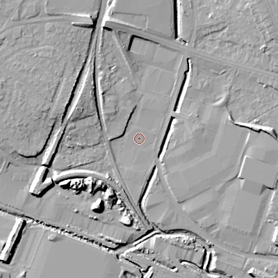 Shaded relief map of the ground around WS14ND, computed from Environment Agency LiDAR. The ground here sits at about 113 m above sea level and falls 15 m across the surrounding 800 m. The ground contributing surface water to this point lies to the north-north-west.