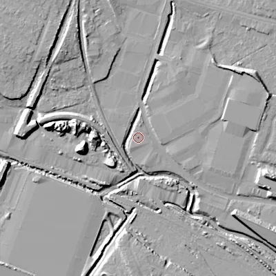 Shaded relief map of the ground around WS14NE, computed from Environment Agency LiDAR. The ground here sits at about 113 m above sea level and falls 15 m across the surrounding 800 m. Surface water reaching this point runs off ground lying to the north, 3.5 m higher.