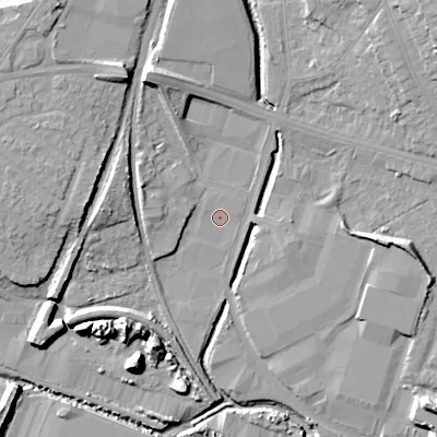 Shaded relief map of the ground around WS14NG, computed from Environment Agency LiDAR. The ground here sits at about 113 m above sea level and falls 14 m across the surrounding 800 m. Surface water reaching this point runs off ground lying to the west-north-west, 4.9 m higher.