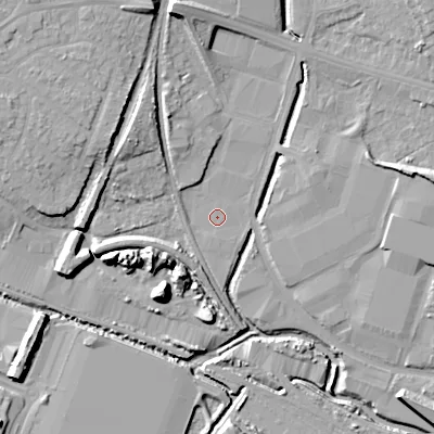 Shaded relief map of the ground around WS14NN, computed from Environment Agency LiDAR. The ground here sits at about 113 m above sea level and falls 15 m across the surrounding 800 m. Surface water reaching this point runs off ground lying to the north-north-west, 9.3 m higher.