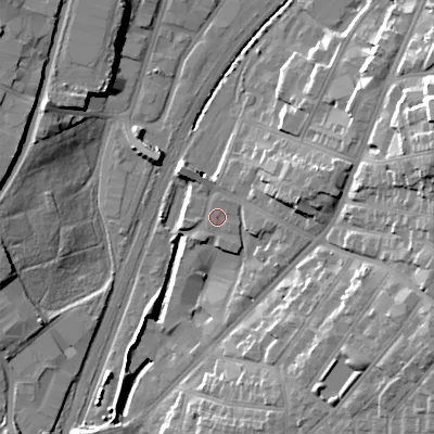 Shaded relief map of the ground around WS14NU, computed from Environment Agency LiDAR. The ground here sits at about 120 m above sea level and falls 27 m across the surrounding 800 m. Surface water reaching this point runs off ground lying to the east, 7.5 m higher.