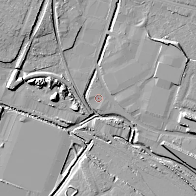 Shaded relief map of the ground around WS14NX, computed from Environment Agency LiDAR. The ground here sits at about 113 m above sea level and falls 15 m across the surrounding 800 m. Surface water reaching this point runs off ground lying to the west, 0.8 m higher.
