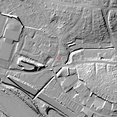 Shaded relief map of the ground around WS14PB, computed from Environment Agency LiDAR. The ground here sits at about 114 m above sea level and falls 16 m across the surrounding 800 m. Surface water reaching this point runs off ground lying to the north-east, 12.8 m higher.