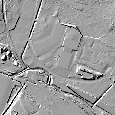 Shaded relief map of the ground around WS14SA, computed from Environment Agency LiDAR. The ground here sits at about 114 m above sea level and falls 15 m across the surrounding 800 m. Surface water reaching this point runs off ground lying to the north-north-east, 5.3 m higher.