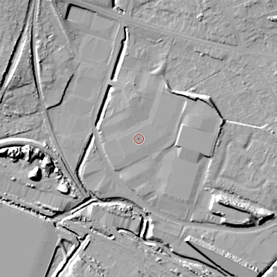 Shaded relief map of the ground around WS14SB, computed from Environment Agency LiDAR. The ground here sits at about 114 m above sea level and falls 15 m across the surrounding 800 m. The ground contributing surface water to this point lies to the north-west.