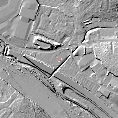 Shaded relief map of the ground around WS14SD, computed from Environment Agency LiDAR. The ground here sits at about 112 m above sea level and falls 14 m across the surrounding 800 m. The ground contributing surface water to this point lies to the north-north-west.