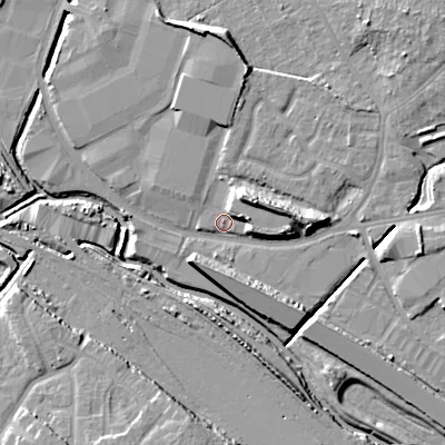 Shaded relief map of the ground around WS14SE, computed from Environment Agency LiDAR. The ground here sits at about 113 m above sea level and falls 13 m across the surrounding 800 m. Surface water reaching this point runs off ground lying to the east-north-east, 9.5 m higher.