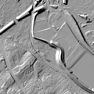 Shaded relief map of the ground around WS151DG, computed from Environment Agency LiDAR. The ground here sits at about 69 m above sea level and falls 31 m across the surrounding 800 m. Surface water reaching this point runs off ground lying to the south-west, 19.5 m higher.