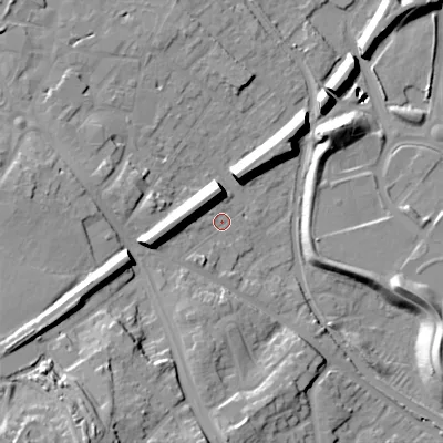 Shaded relief map of the ground around WS151DL, computed from Environment Agency LiDAR. The ground here sits at about 72 m above sea level and falls 33 m across the surrounding 800 m. Surface water reaching this point runs off ground lying to the south-west, 24.2 m higher.