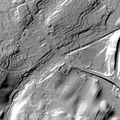 Shaded relief map of the ground around WS151EB, computed from Environment Agency LiDAR. The ground here sits at about 85 m above sea level and falls 36 m across the surrounding 800 m. Surface water reaching this point runs off ground lying to the south-south-west, 24.9 m higher.