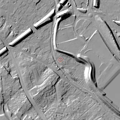 Shaded relief map of the ground around WS151EG, computed from Environment Agency LiDAR. The ground here sits at about 70 m above sea level and falls 34 m across the surrounding 800 m. Surface water reaching this point runs off ground lying to the south-west, 28.1 m higher.