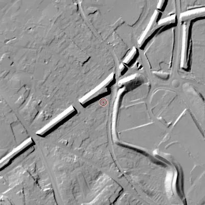 Shaded relief map of the ground around WS151FB, computed from Environment Agency LiDAR. The ground here sits at about 70 m above sea level and falls 28 m across the surrounding 800 m. Surface water reaching this point runs off ground lying to the south-west, 19.8 m higher.