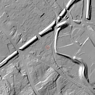 Shaded relief map of the ground around WS151NJ, computed from Environment Agency LiDAR. The ground here sits at about 71 m above sea level and falls 32 m across the surrounding 800 m. Surface water reaching this point runs off ground lying to the south-west, 8.9 m higher.