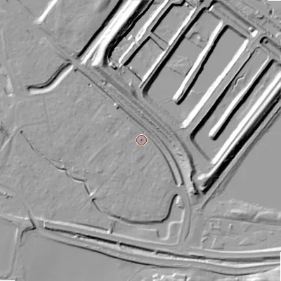 Shaded relief map of the ground around WS151RP, computed from Environment Agency LiDAR. The ground here sits at about 69 m above sea level and falls 14 m across the surrounding 800 m. Surface water reaching this point runs off ground lying to the south-south-west, 3.7 m higher.