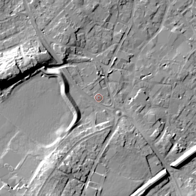 Shaded relief map of the ground around WS152AS, computed from Environment Agency LiDAR. The ground here sits at about 78 m above sea level and falls 25 m across the surrounding 800 m. Surface water reaching this point runs off ground lying to the west-north-west, 0.9 m higher.