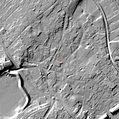 Shaded relief map of the ground around WS152AZ, computed from Environment Agency LiDAR. The ground here sits at about 74 m above sea level and falls 22 m across the surrounding 800 m. Surface water reaching this point runs off ground lying to the south-west, 1.5 m higher.