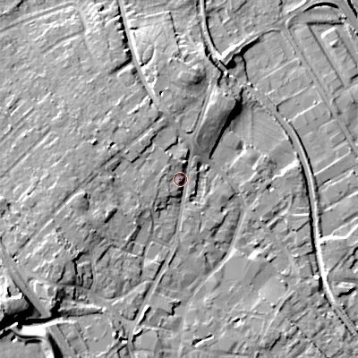 Shaded relief map of the ground around WS152BA, computed from Environment Agency LiDAR. The ground here sits at about 75 m above sea level and falls 23 m across the surrounding 800 m. Surface water reaching this point runs off ground lying to the south-west, 14.1 m higher.