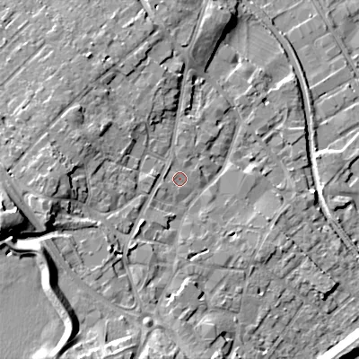 Shaded relief map of the ground around WS152BB, computed from Environment Agency LiDAR. The ground here sits at about 74 m above sea level and falls 21 m across the surrounding 800 m. Surface water reaching this point runs off ground lying to the south-west, 3.2 m higher.