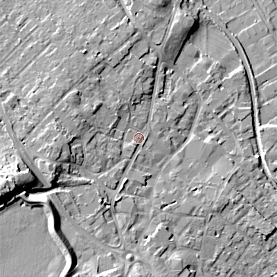 Shaded relief map of the ground around WS152BG, computed from Environment Agency LiDAR. The ground here sits at about 75 m above sea level and falls 24 m across the surrounding 800 m. Surface water reaching this point runs off ground lying to the west-south-west, 15.7 m higher.