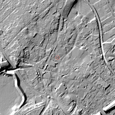Shaded relief map of the ground around WS152BJ, computed from Environment Agency LiDAR. The ground here sits at about 74 m above sea level and falls 22 m across the surrounding 800 m. Surface water reaching this point runs off ground lying to the south-west, 1.6 m higher.