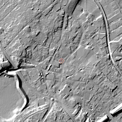 Shaded relief map of the ground around WS152BL, computed from Environment Agency LiDAR. The ground here sits at about 74 m above sea level and falls 22 m across the surrounding 800 m. Surface water reaching this point runs off ground lying to the west, 15.8 m higher.
