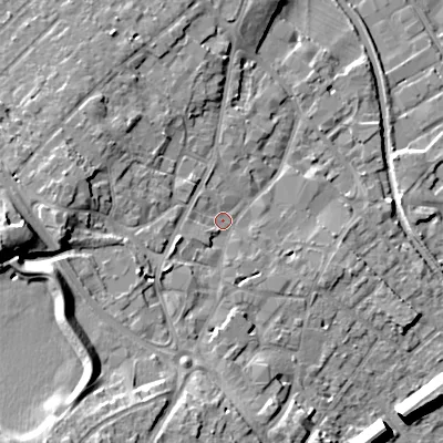 Shaded relief map of the ground around WS152BN, computed from Environment Agency LiDAR. The ground here sits at about 74 m above sea level and falls 21 m across the surrounding 800 m. Surface water reaching this point runs off ground lying to the west, 15.5 m higher.
