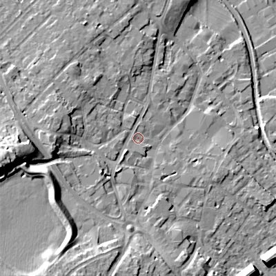 Shaded relief map of the ground around WS152BT, computed from Environment Agency LiDAR. The ground here sits at about 75 m above sea level and falls 23 m across the surrounding 800 m. Surface water reaching this point runs off ground lying to the south-west, 2.8 m higher.