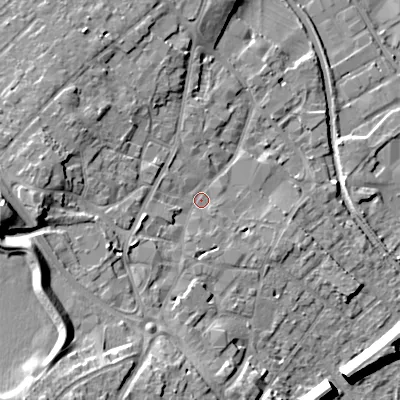 Shaded relief map of the ground around WS152BW, computed from Environment Agency LiDAR. The ground here sits at about 74 m above sea level and falls 17 m across the surrounding 800 m. Surface water reaching this point runs off ground lying to the west, 11.5 m higher.