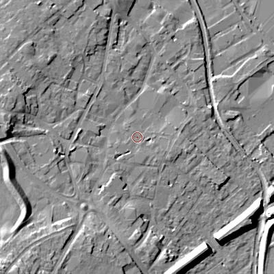 Shaded relief map of the ground around WS152BY, computed from Environment Agency LiDAR. The ground here sits at about 74 m above sea level and falls 21 m across the surrounding 800 m. Surface water reaching this point runs off ground lying to the south-west, 1.8 m higher.