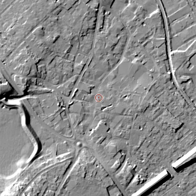 Shaded relief map of the ground around WS152BZ, computed from Environment Agency LiDAR. The ground here sits at about 74 m above sea level and falls 21 m across the surrounding 800 m. Surface water reaching this point runs off ground lying to the south-west, 15.7 m higher.