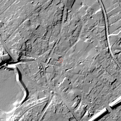 Shaded relief map of the ground around WS152DF, computed from Environment Agency LiDAR. The ground here sits at about 74 m above sea level and falls 21 m across the surrounding 800 m. Surface water reaching this point runs off ground lying to the west, 15.7 m higher.