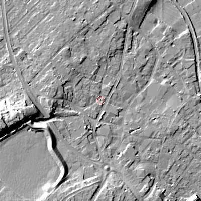 Shaded relief map of the ground around WS152DG, computed from Environment Agency LiDAR. The ground here sits at about 76 m above sea level and falls 26 m across the surrounding 800 m. Surface water reaching this point runs off ground lying to the west, 14.8 m higher.