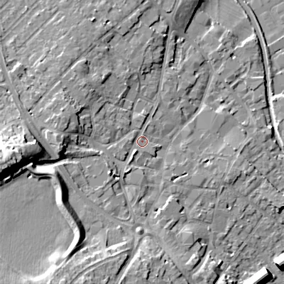Shaded relief map of the ground around WS152DJ, computed from Environment Agency LiDAR. The ground here sits at about 75 m above sea level and falls 24 m across the surrounding 800 m. Surface water reaching this point runs off ground lying to the west-south-west, 2.8 m higher.
