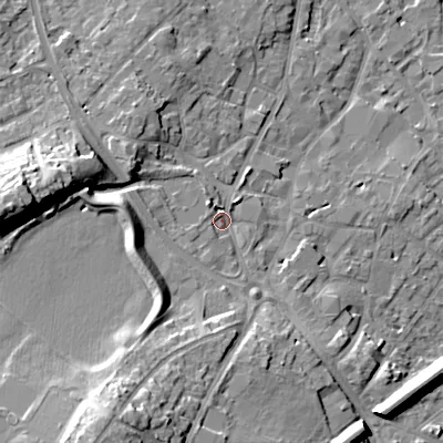 Shaded relief map of the ground around WS152DL, computed from Environment Agency LiDAR. The ground here sits at about 76 m above sea level and falls 26 m across the surrounding 800 m. Surface water reaching this point runs off ground lying to the west-north-west, 16.3 m higher.