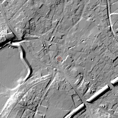 Shaded relief map of the ground around WS152DN, computed from Environment Agency LiDAR. The ground here sits at about 76 m above sea level and falls 22 m across the surrounding 800 m. Surface water reaching this point runs off ground lying to the south-west, 15.9 m higher.