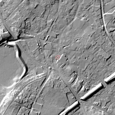 Shaded relief map of the ground around WS152DP, computed from Environment Agency LiDAR. The ground here sits at about 75 m above sea level and falls 21 m across the surrounding 800 m. Surface water reaching this point runs off ground lying to the south-west, 15.8 m higher.