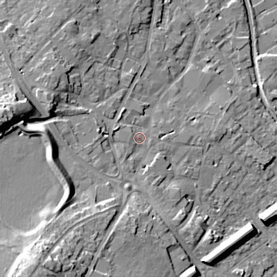 Shaded relief map of the ground around WS152DR, computed from Environment Agency LiDAR. The ground here sits at about 75 m above sea level and falls 22 m across the surrounding 800 m. Surface water reaching this point runs off ground lying to the west, 16.4 m higher.