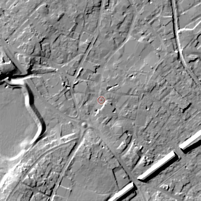 Shaded relief map of the ground around WS152DS, computed from Environment Agency LiDAR. The ground here sits at about 75 m above sea level and falls 21 m across the surrounding 800 m. Surface water reaching this point runs off ground lying to the south-west, 15.8 m higher.