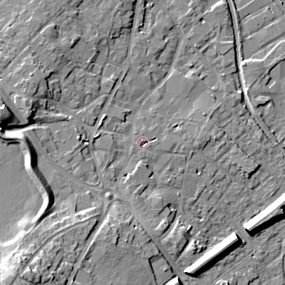 Shaded relief map of the ground around WS152DT, computed from Environment Agency LiDAR. The ground here sits at about 75 m above sea level and falls 22 m across the surrounding 800 m. Surface water reaching this point runs off ground lying to the south-west, 1.5 m higher.