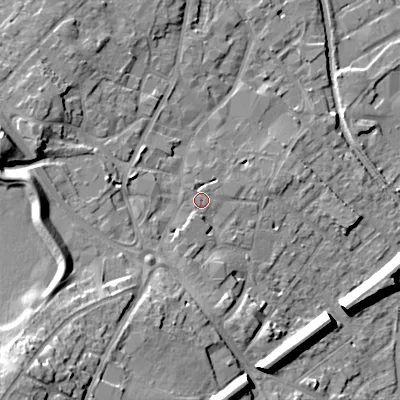 Shaded relief map of the ground around WS152DU, computed from Environment Agency LiDAR. The ground here sits at about 75 m above sea level and falls 22 m across the surrounding 800 m. Surface water reaching this point runs off ground lying to the west, 0.8 m higher.