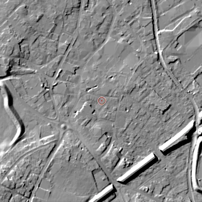 Shaded relief map of the ground around WS152DY, computed from Environment Agency LiDAR. The ground here sits at about 74 m above sea level and falls 22 m across the surrounding 800 m. Surface water reaching this point runs off ground lying to the south-west, 3.0 m higher.