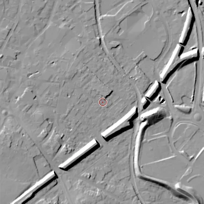 Shaded relief map of the ground around WS152DZ, computed from Environment Agency LiDAR. The ground here sits at about 72 m above sea level and falls 24 m across the surrounding 800 m. Surface water reaching this point runs off ground lying to the west-south-west, 7.2 m higher.